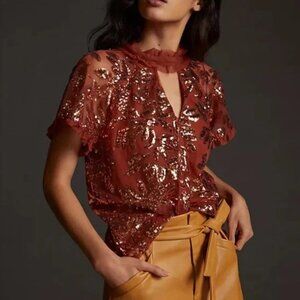 By Anthropologie Burnt Orange Cut Out Sequin Lace Blouse, L